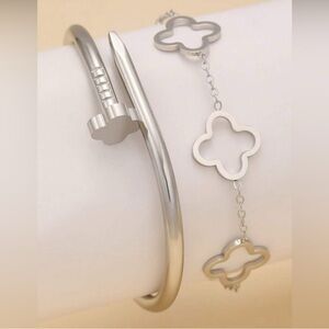 Silver Plated Stainless Steel Nail & Clover 2pc Bracelet Set